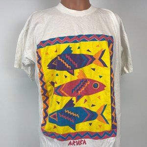 Aruba Multi Color Fish Single Stitch T Shirt Vtg 90s White Size L